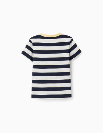 T-shirt en coton à rayures pour garçon, blanc/bleu foncé/jaune