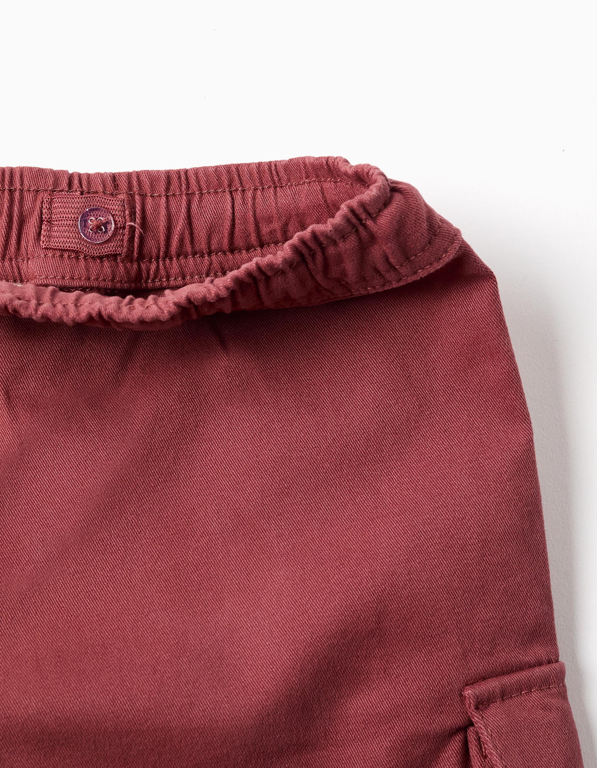 Calções compridos cargo de sarja para bebé menino, vermelho-escuro