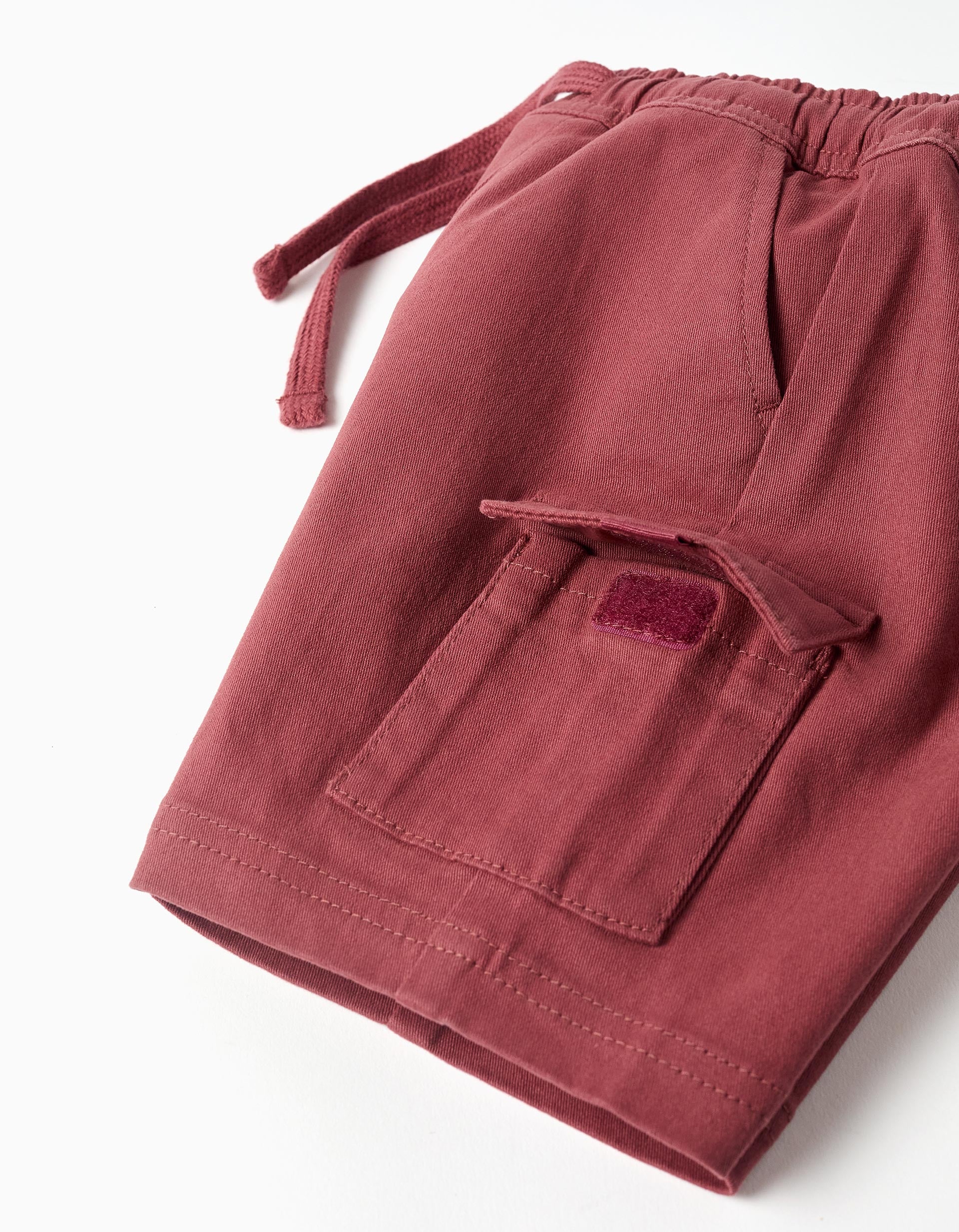 Calções compridos cargo de sarja para bebé menino, vermelho-escuro