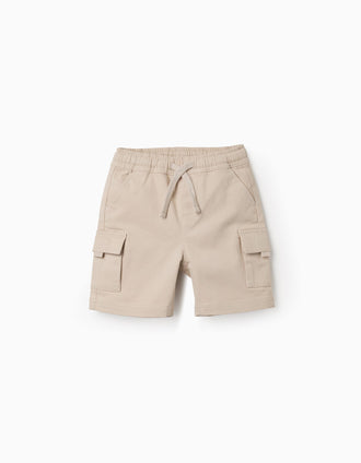 Bermudas largas cargo de sarga con cordón para bebé niño, beige claro