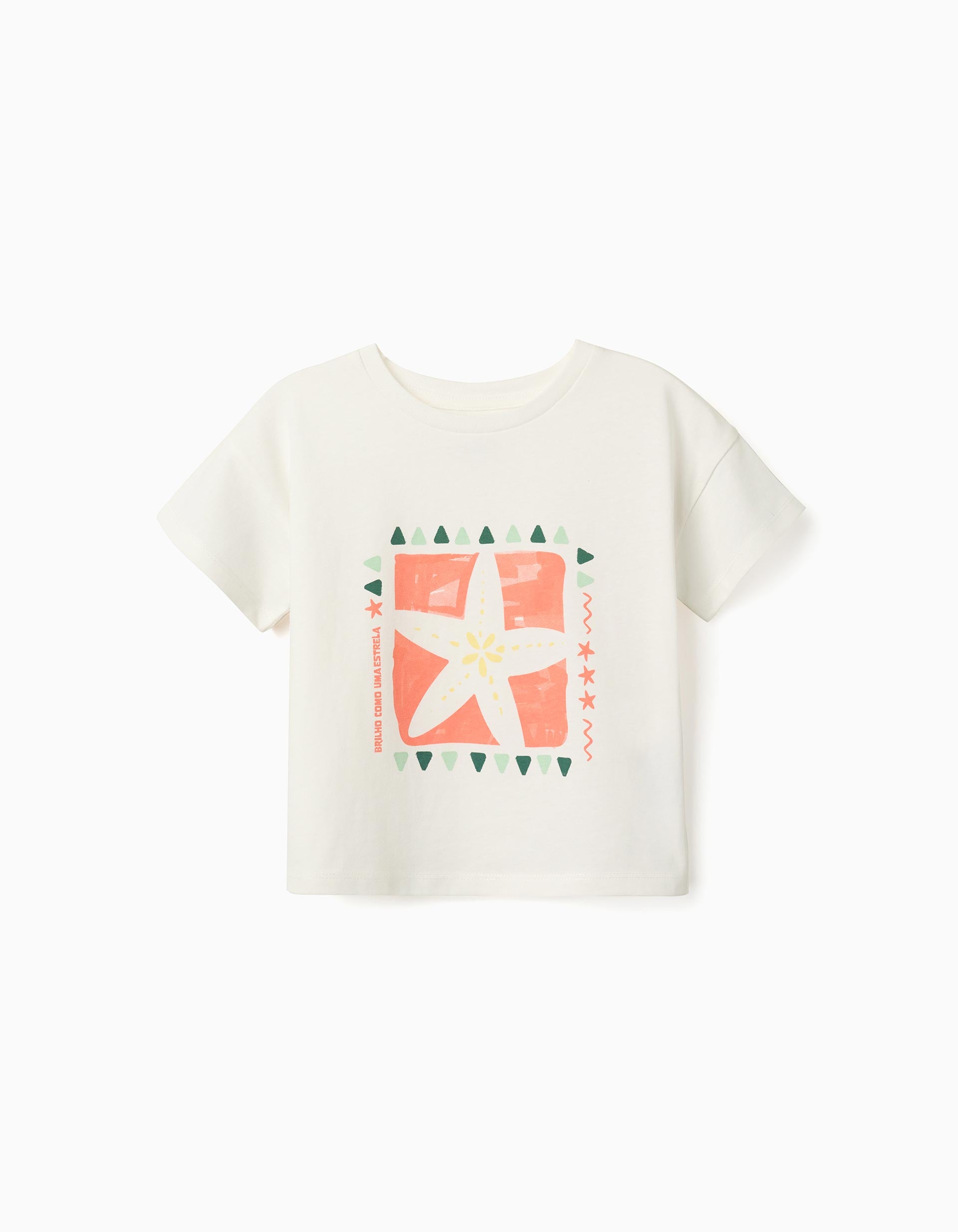 Cotton T-shirt with starfish print for girls, white/orange/green