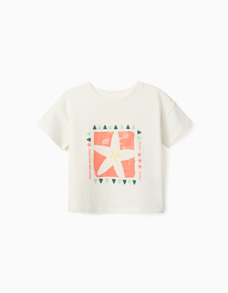 Cotton T-shirt with starfish print for girls, white/orange/green