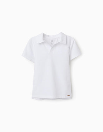 Cotton polo shirt with jacquard for boys, white