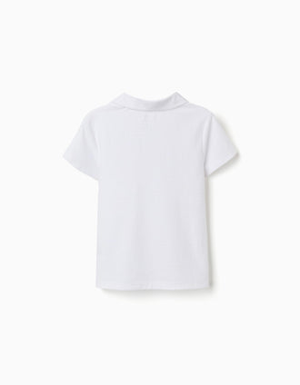 Cotton polo shirt with jacquard for boys, white