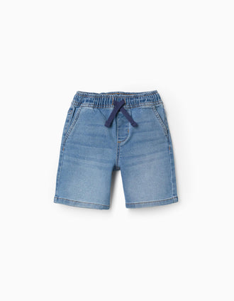 Calções midi de ganga com elástico e cordão para menino, azul-claro