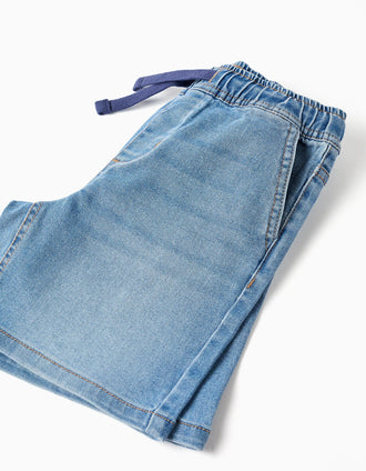 Midi denim pull-up shorts with drawstring for boys, light blue