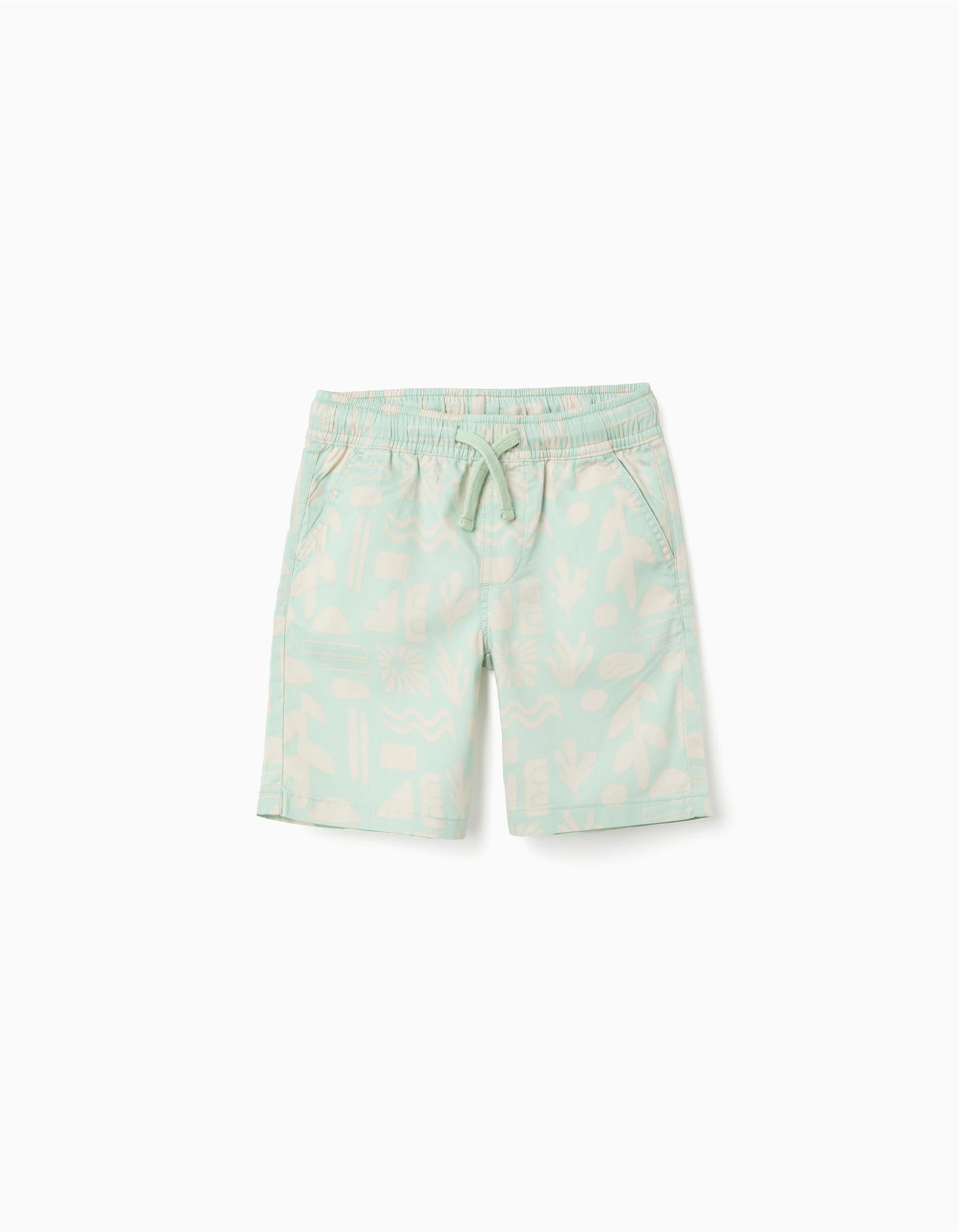 Calções midi de sarja com motivo de praia para menino, verde-claro