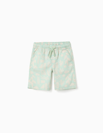 Calções midi de sarja com motivo de praia para menino, verde-claro