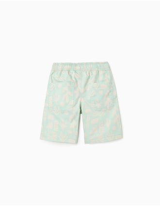 Calções midi de sarja com motivo de praia para menino, verde-claro