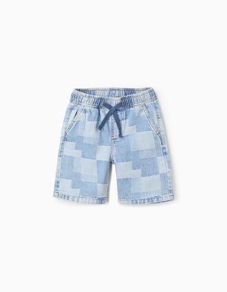Calções midi de ganga com padrão xadrez para menino, azul