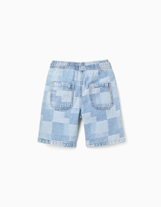 Calções midi de ganga com padrão xadrez para menino, azul