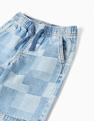 Calções midi de ganga com padrão xadrez para menino, azul
