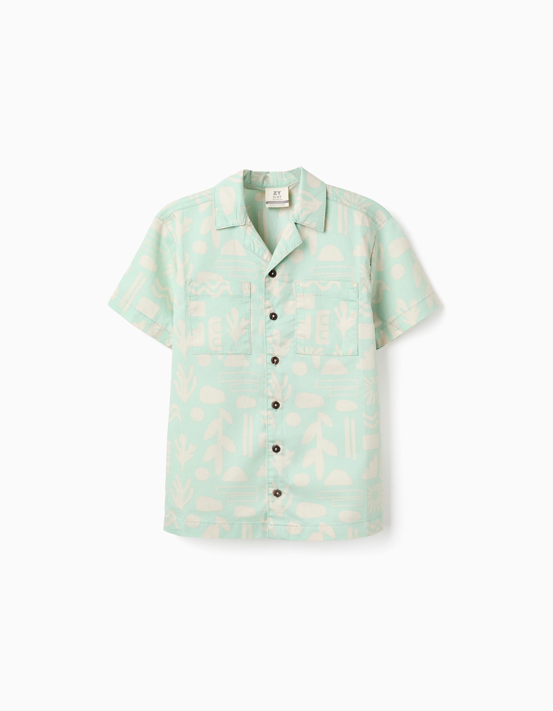 Chemise en coton à manches courtes et motif de plage pour garçon, vert