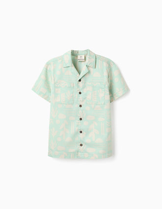 Short sleeve cotton shirt with beach motif for boys, light green