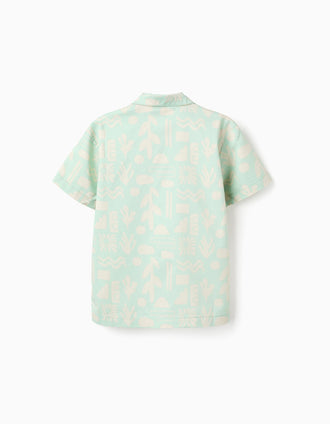 Short sleeve cotton shirt with beach motif for boys, light green