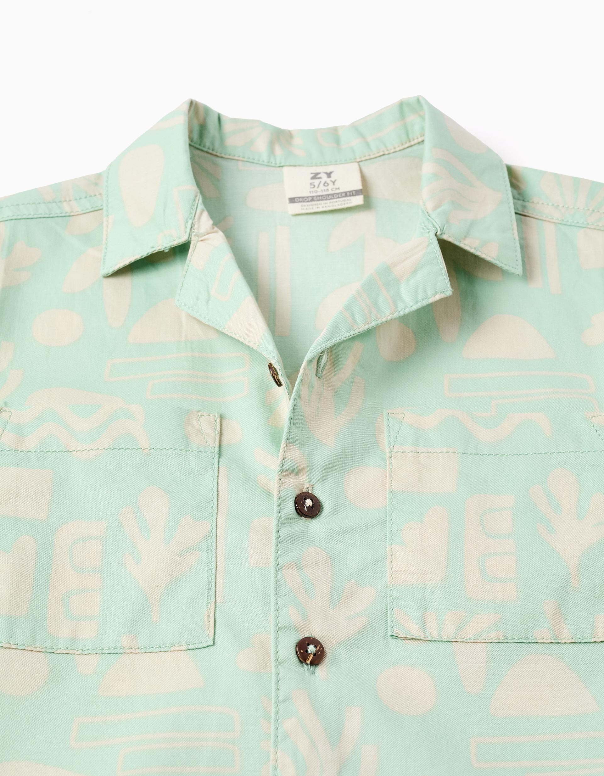 Chemise en coton à manches courtes et motif de plage pour garçon, vert