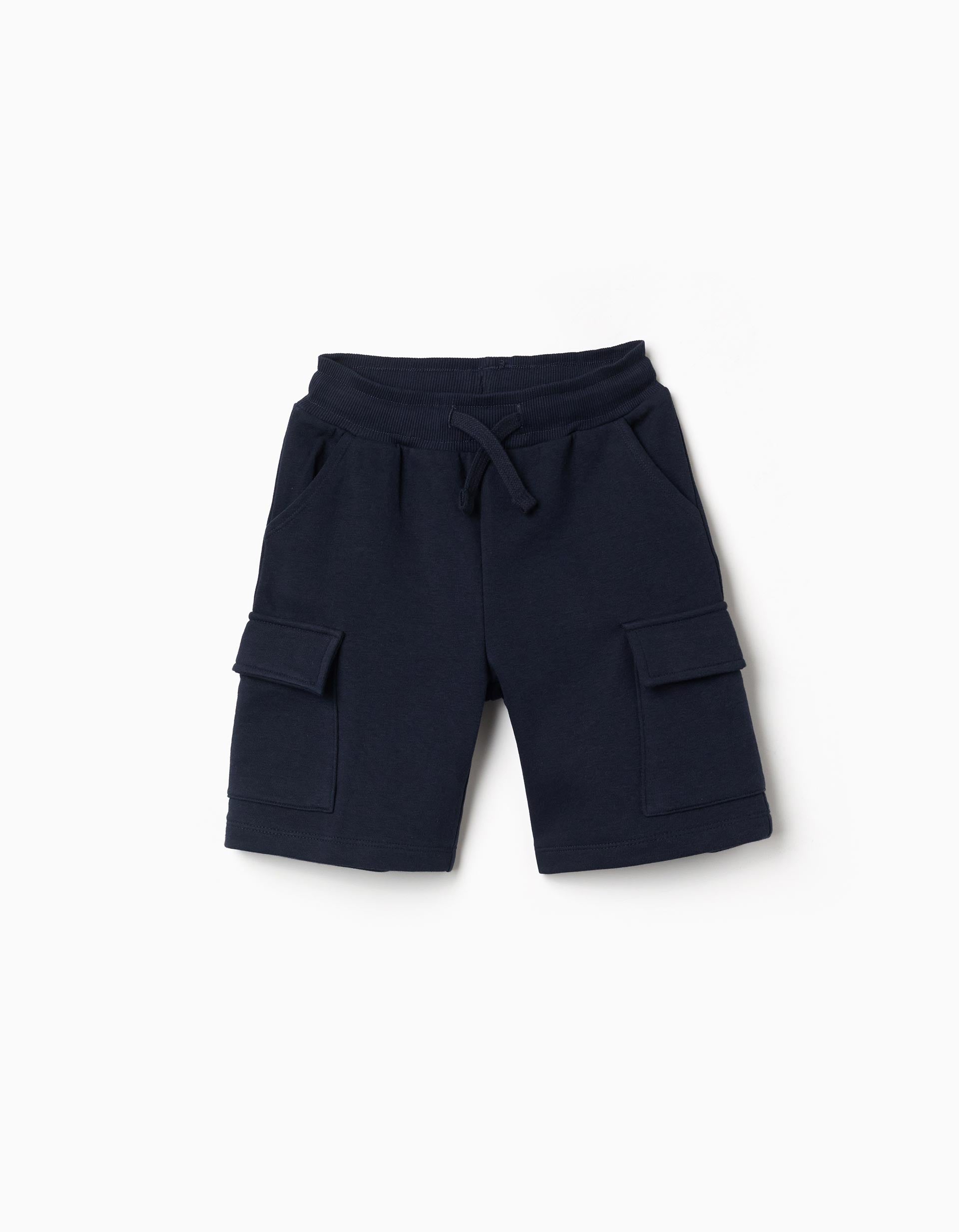 Bermudas de felpa con bolsillos cargo y cordón para niño, azul oscuro