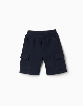 Bermudas de felpa con bolsillos cargo y cordón para niño, azul oscuro