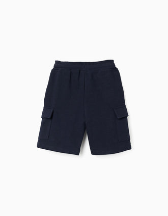 Bermudas de felpa con bolsillos cargo y cordón para niño, azul oscuro