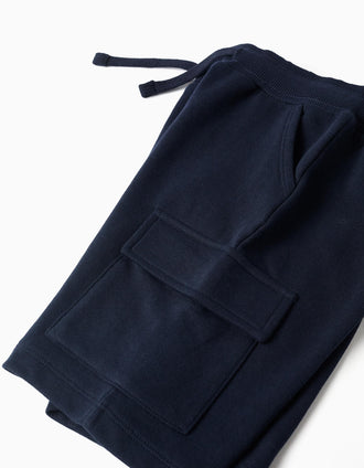 Bermudas de felpa con bolsillos cargo y cordón para niño, azul oscuro