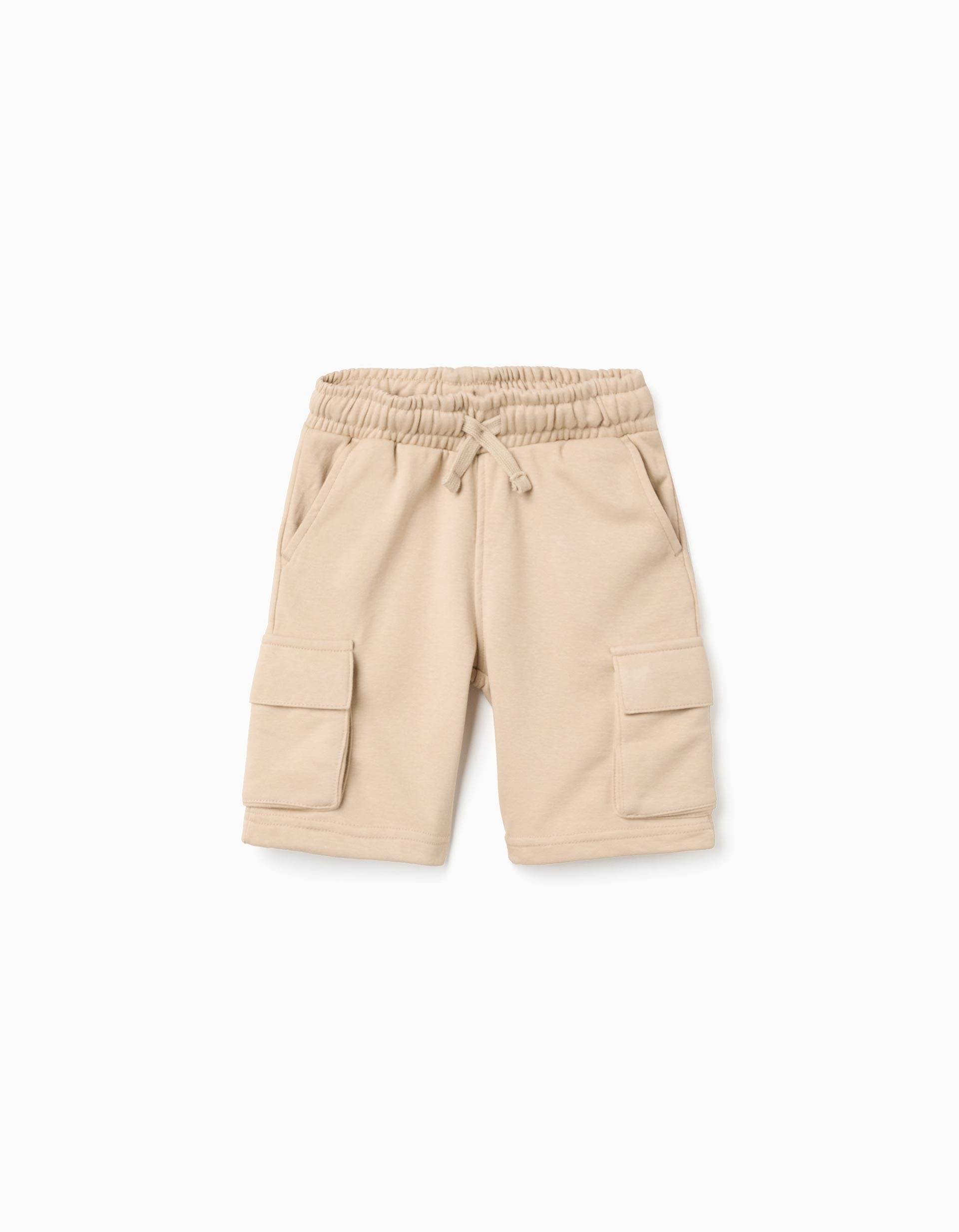 Bermudas de felpa con bolsillos cargo y cordón para niño, beige