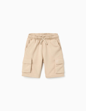 Bermudas de felpa con bolsillos cargo y cordón para niño, beige