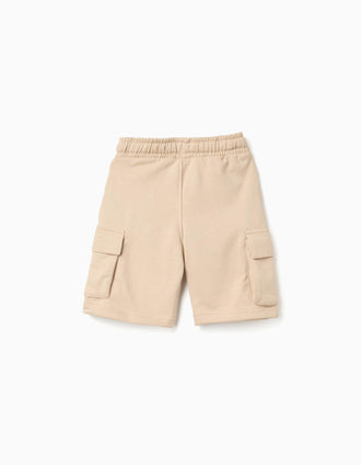 Bermudas de felpa con bolsillos cargo y cordón para niño, beige