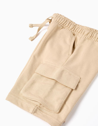 Bermudas de felpa con bolsillos cargo y cordón para niño, beige