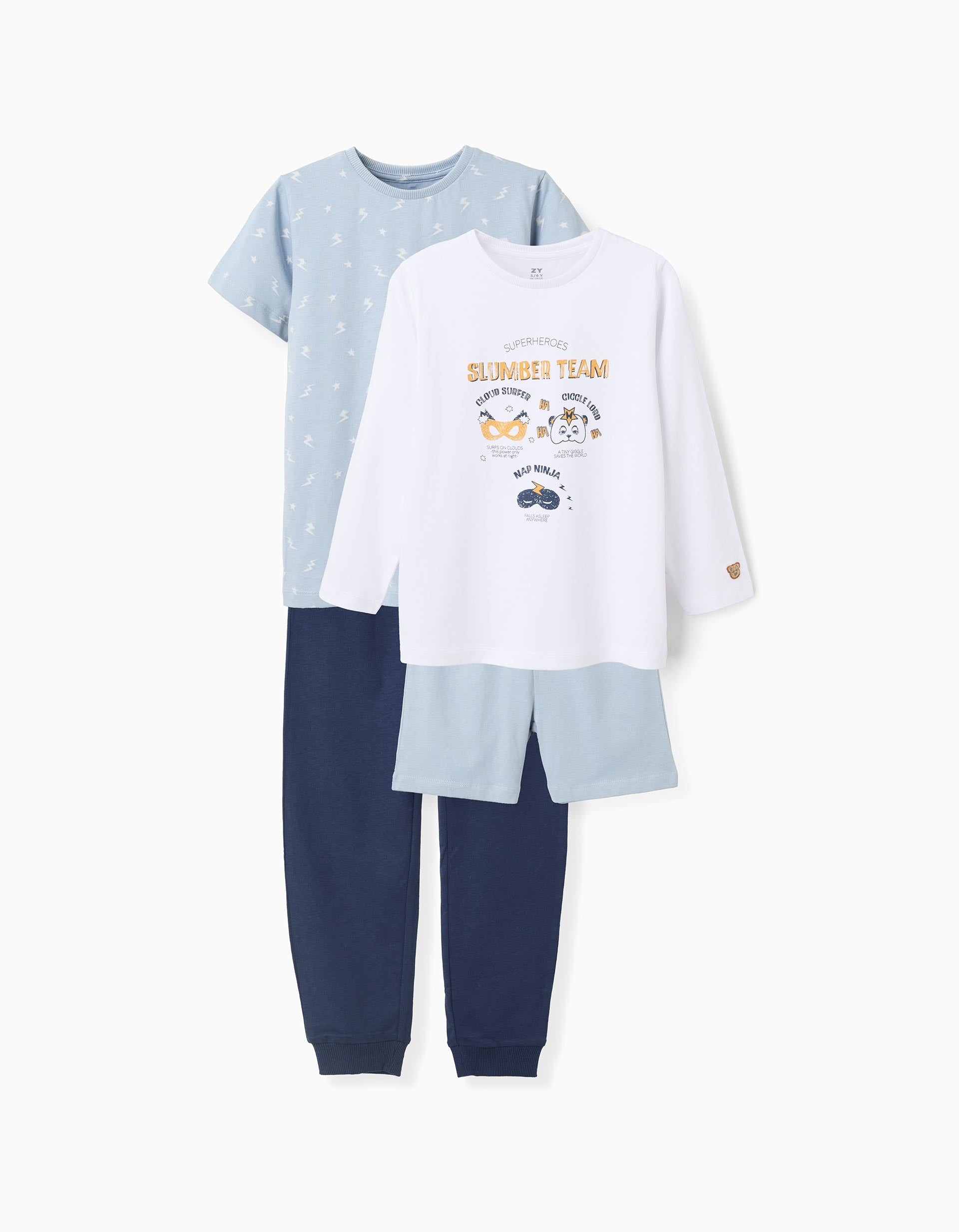 Pack de 2 pijamas de algodão com estampados para menino, branco/azul