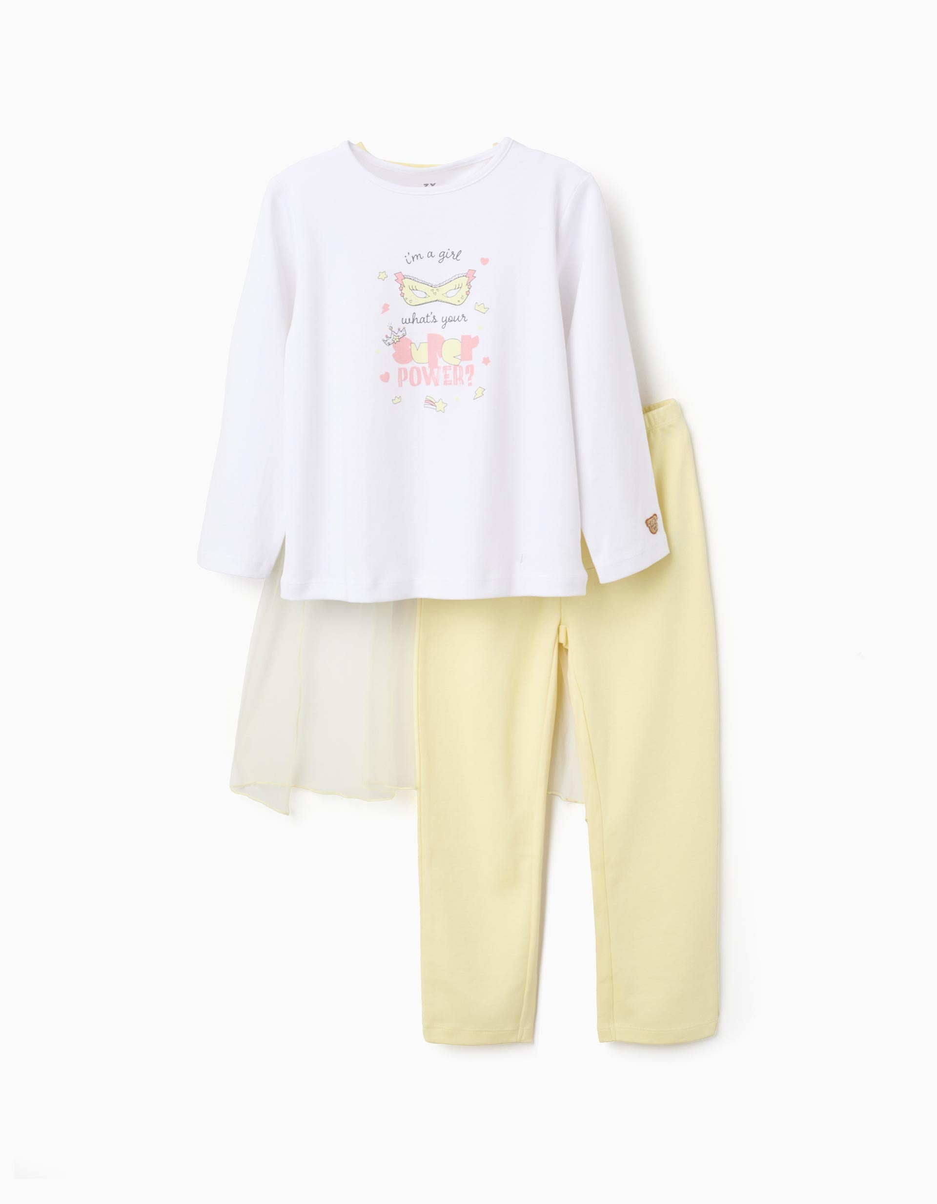 Pyjama long en coton avec cape amovible pour fille, blanc/jaune