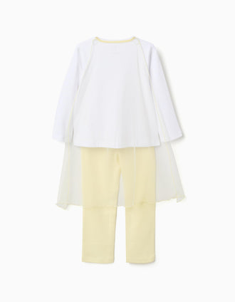 Long sleeve cotton pyjamas with removable cape for girls, white/yellow