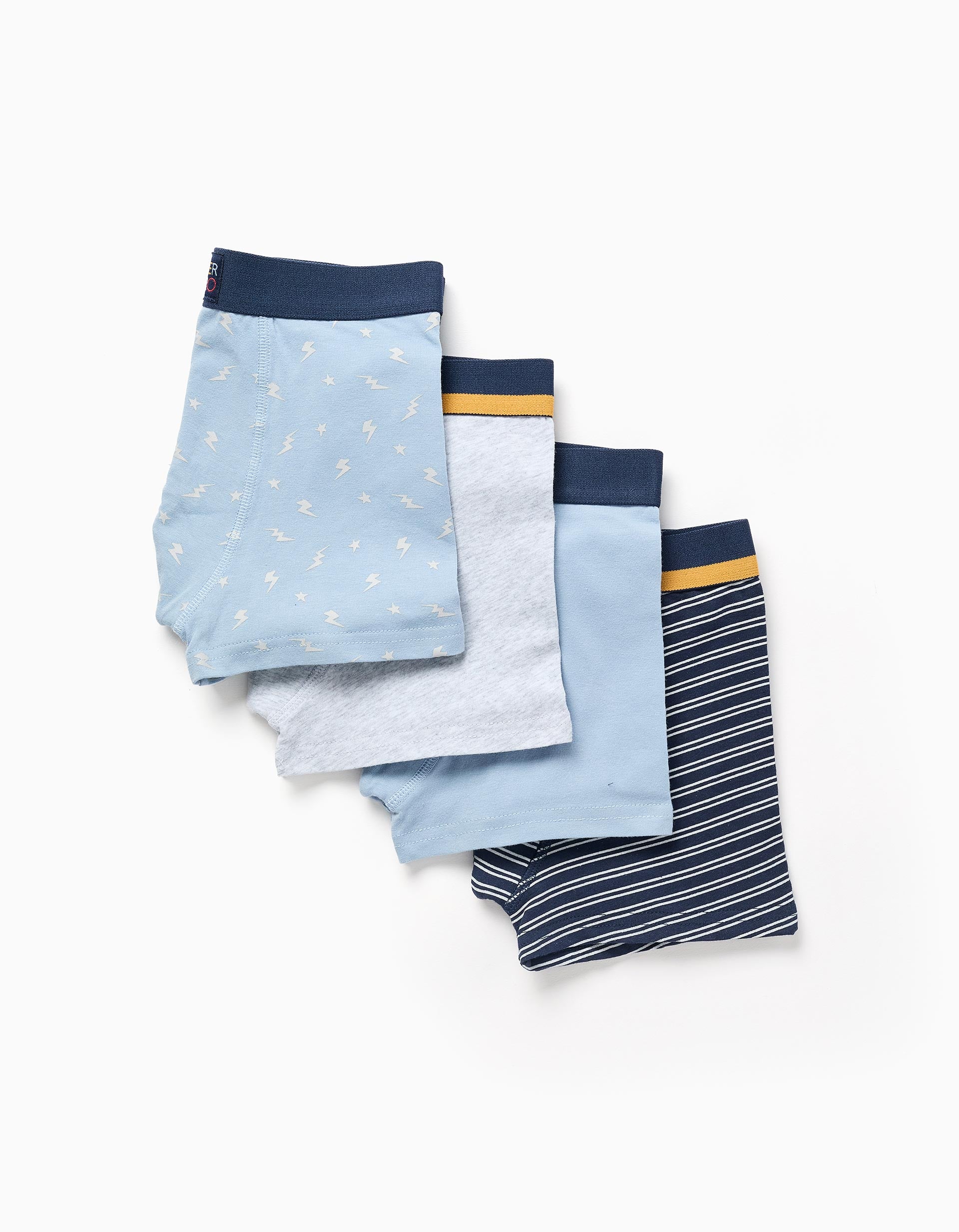 Pack of 4 plain/printed boxer shorts for boys, blue/grey/yellow