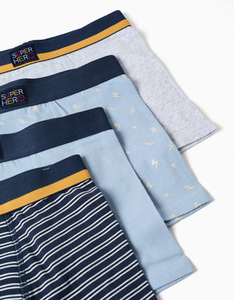 Pack de 4 boxers lisos/estampados para menino, azul/cinza/amarelo