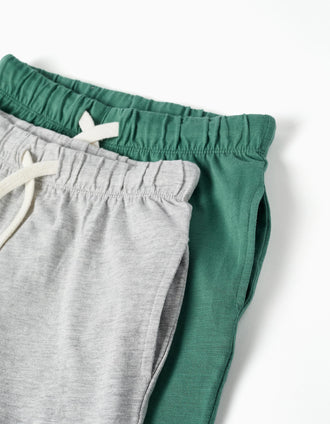 Pack of 2 cotton shorts with drawstring for boys, green/light grey