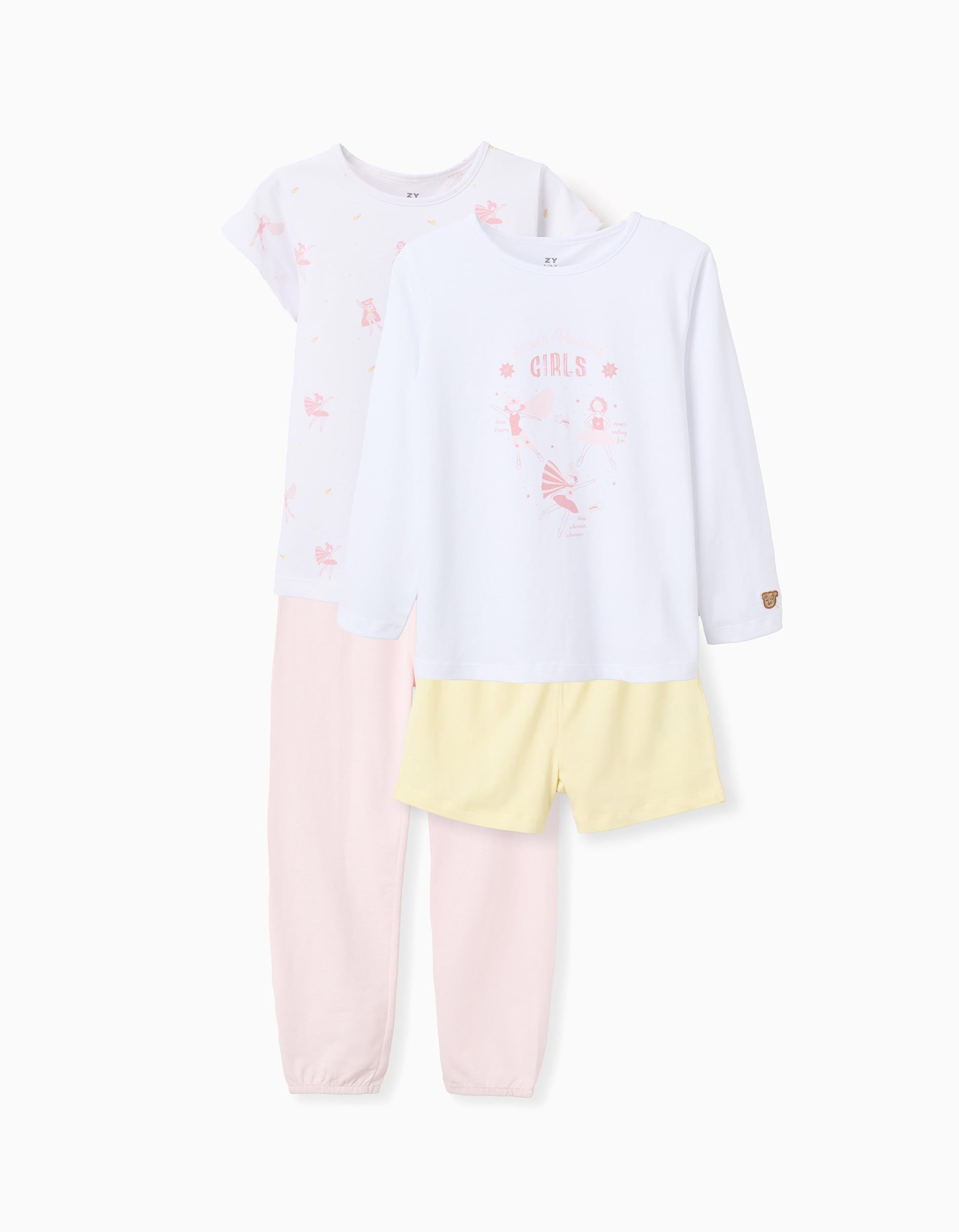 Lot de 2 pyjamas en coton avec imprimés pour fille, blanc/rose/jaune