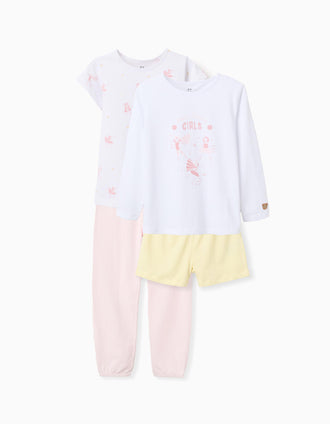 Pack of 2 cotton pyjamas with prints for girls, white/pink/yellow