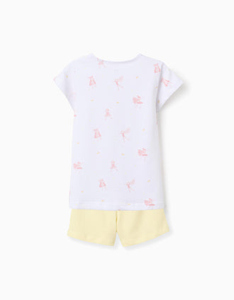Pack of 2 cotton pyjamas with prints for girls, white/pink/yellow