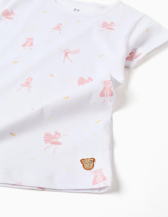 Pack of 2 cotton pyjamas with prints for girls, white/pink/yellow