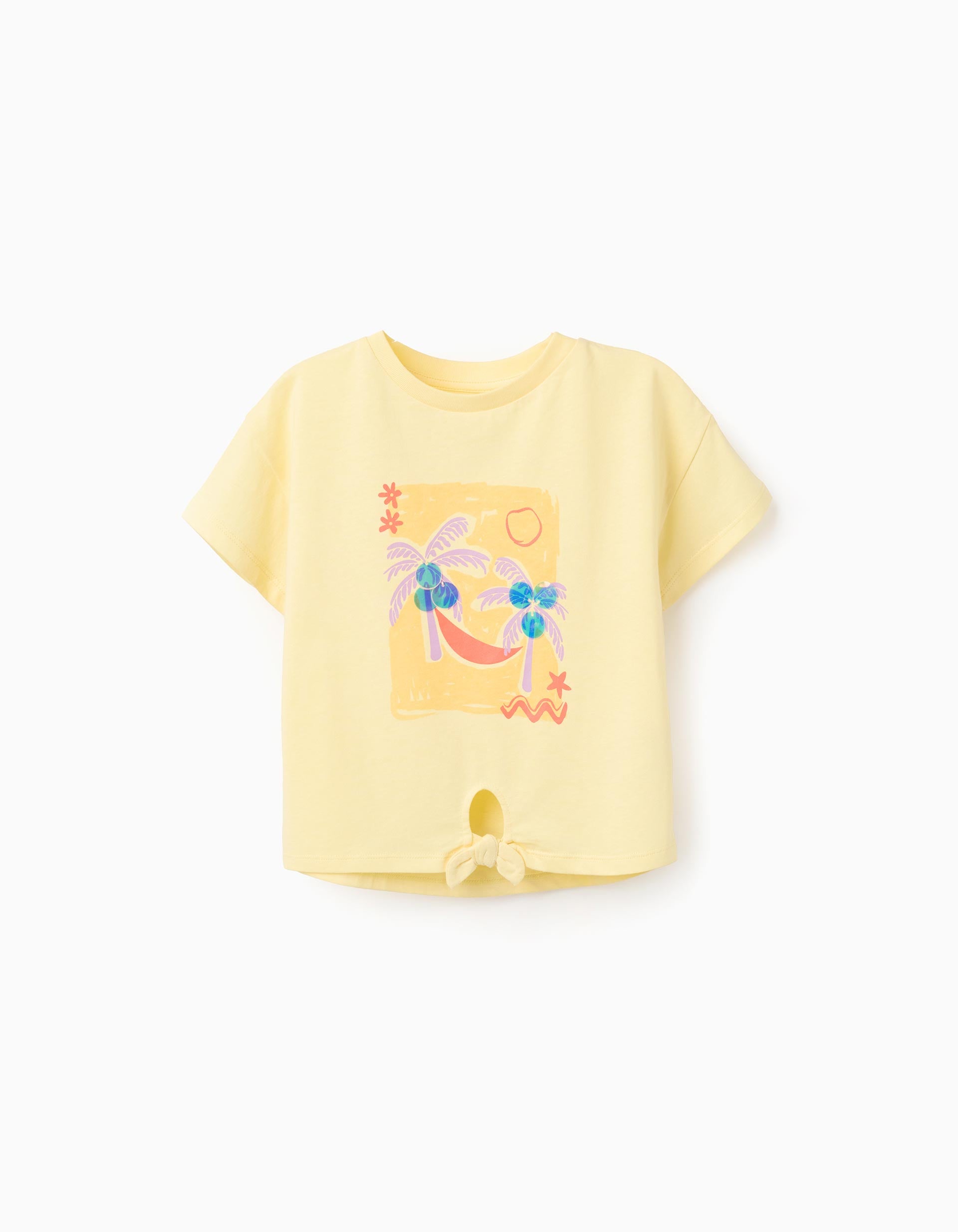 Cotton T-shirt with palm trees print and sequins for girls, yellow