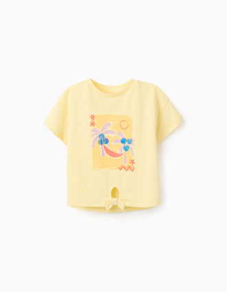 Cotton T-shirt with palm trees print and sequins for girls, yellow