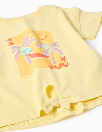 Cotton T-shirt with palm trees print and sequins for girls, yellow