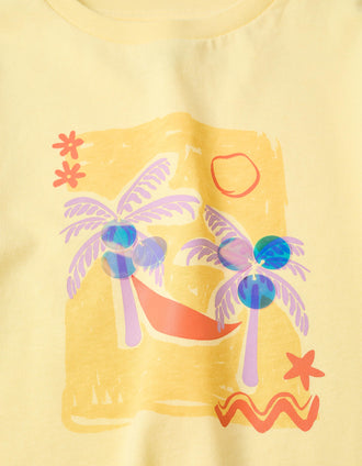 Cotton T-shirt with palm trees print and sequins for girls, yellow