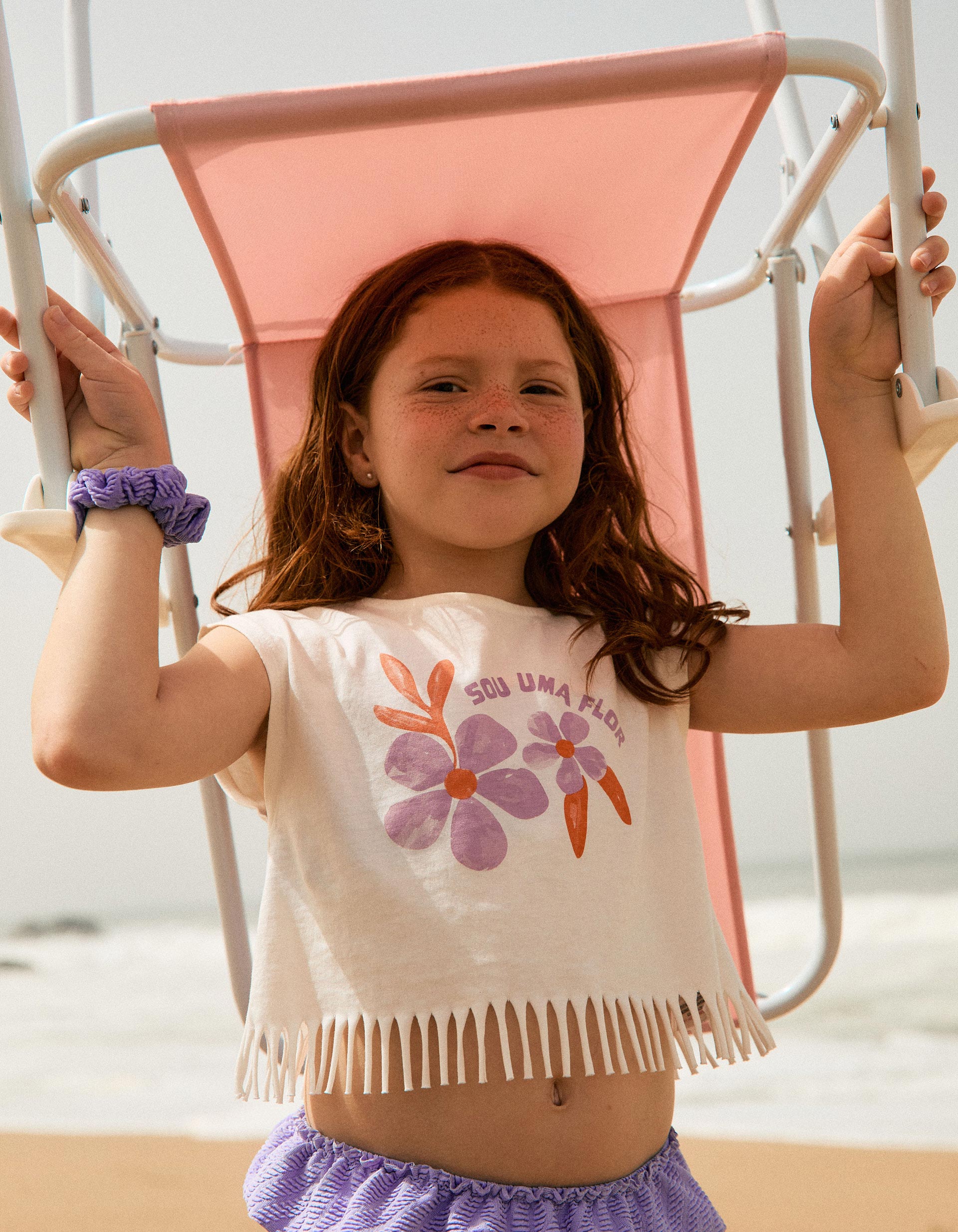 Cotton T-shirt with flower print and fringes for girls, white