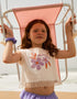 Cotton T-shirt with flower print and fringes for girls, white