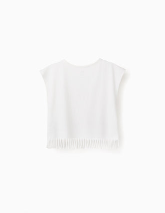 Cotton T-shirt with flower print and fringes for girls, white