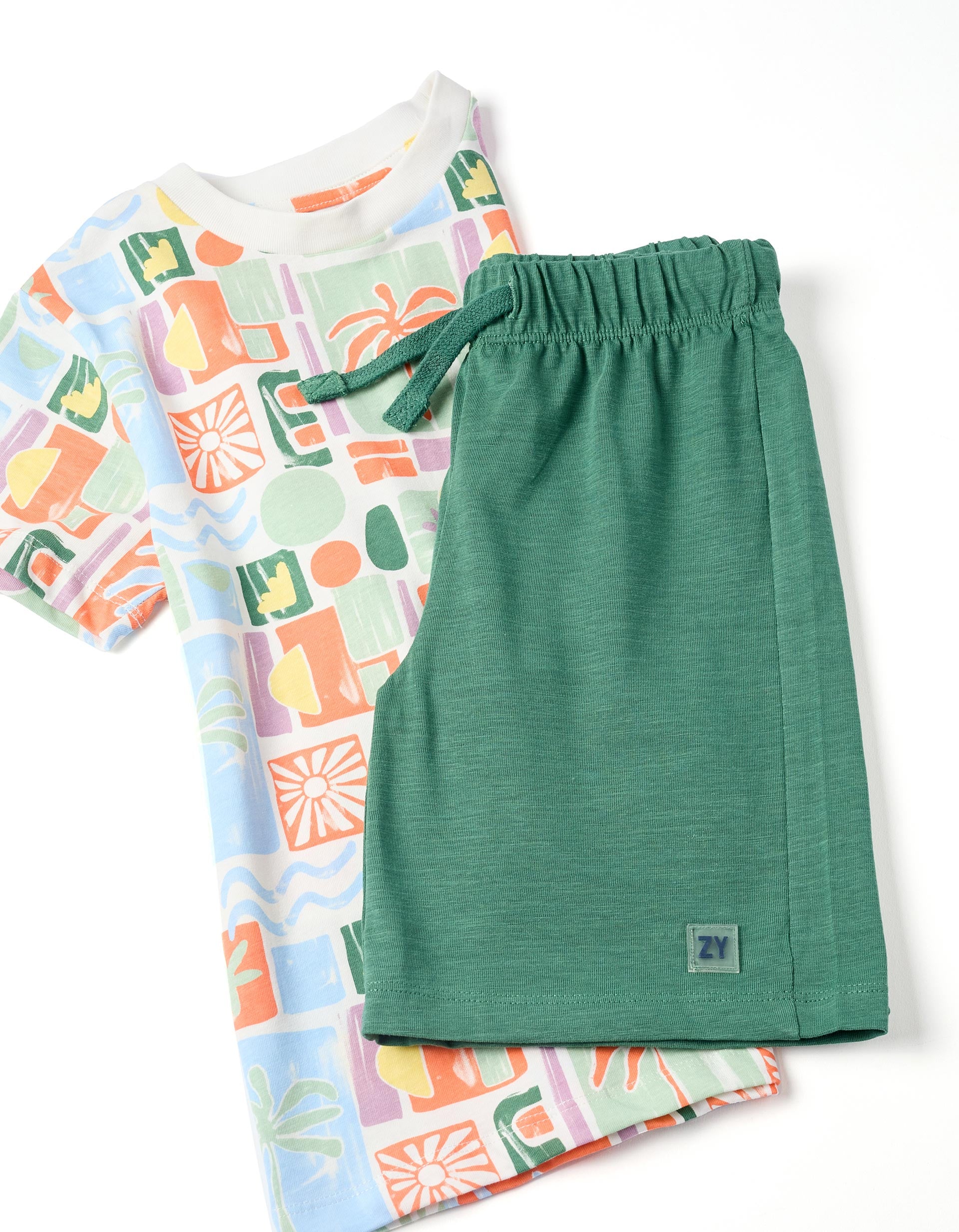 T-shirt en coton avec imprimé plage + short pour garçon, multicolore