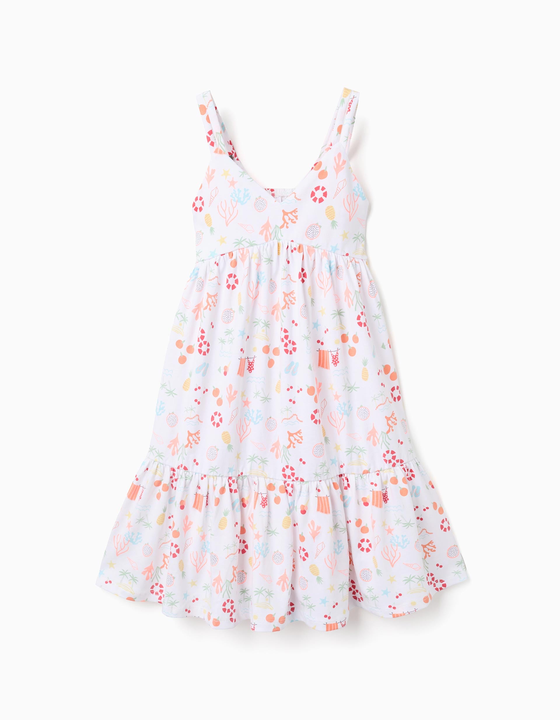 Sleeveless A-line cotton dress with beach motif for girls, white