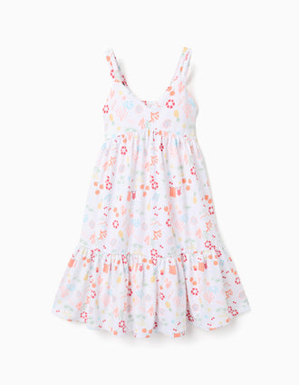 Sleeveless A-line cotton dress with beach motif for girls, white