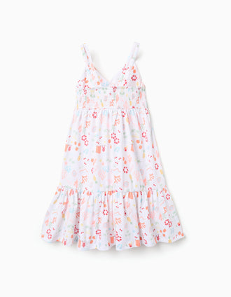 Sleeveless A-line cotton dress with beach motif for girls, white