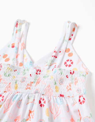 Sleeveless A-line cotton dress with beach motif for girls, white